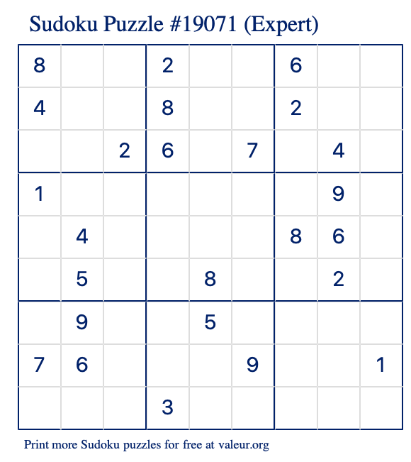 Free Printable Expert Sudoku Puzzle number 19071