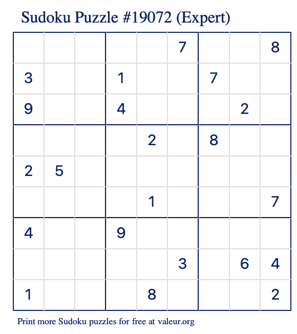 Free Printable Expert Sudoku Puzzle number 19072