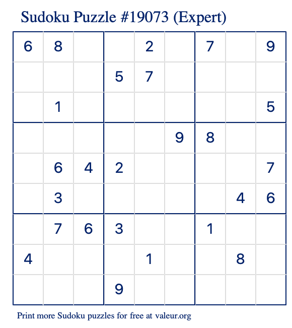 Free Printable Expert Sudoku Puzzle number 19073