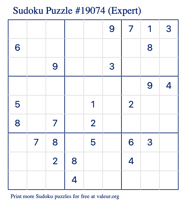 Free Printable Expert Sudoku Puzzle number 19074