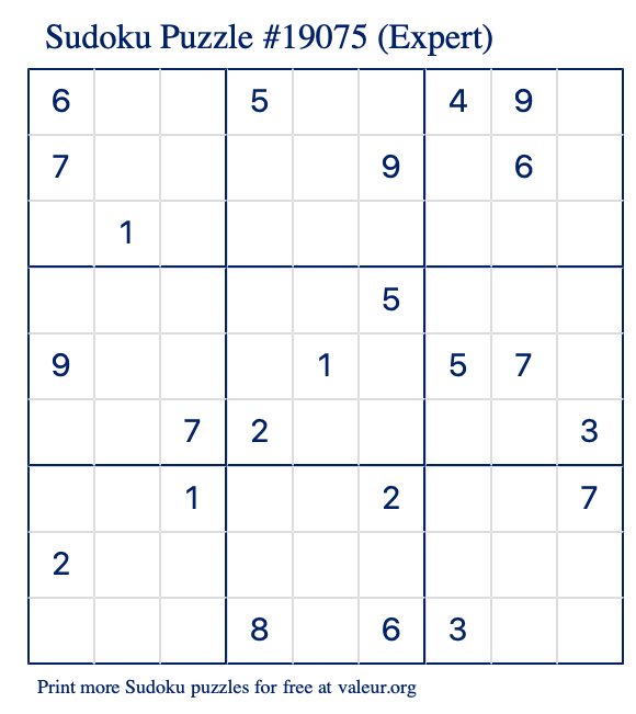 Free Printable Expert Sudoku Puzzle number 19075