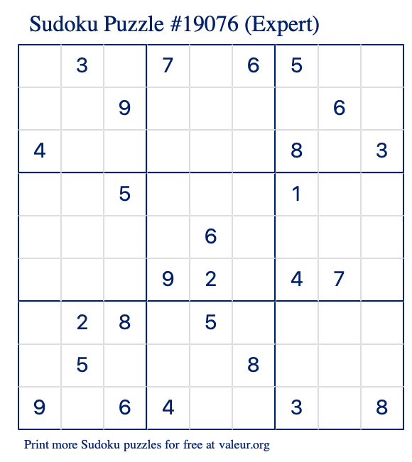 Free Printable Expert Sudoku Puzzle number 19076