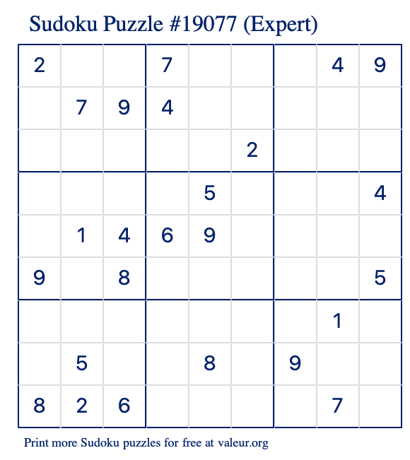 Free Printable Expert Sudoku Puzzle number 19077