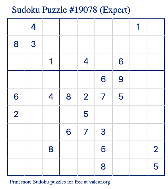 Free Printable Expert Sudoku Puzzle number 19078