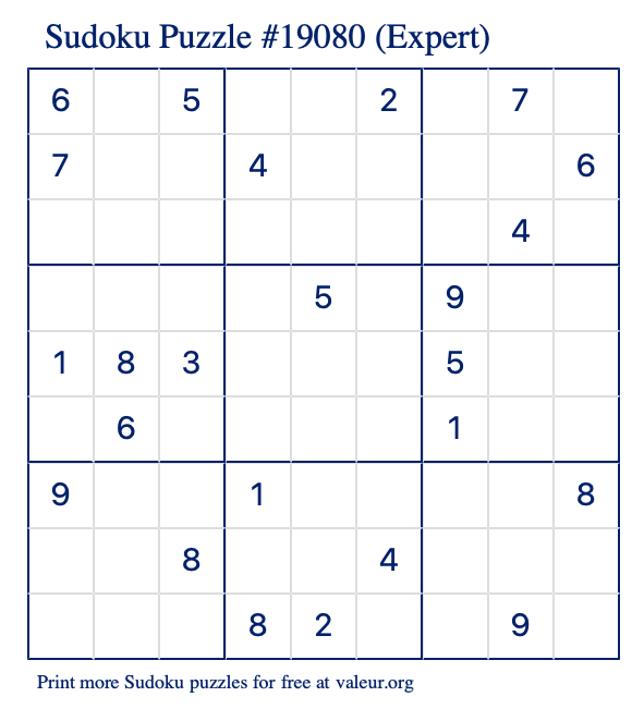 Free Printable Expert Sudoku Puzzle number 19080