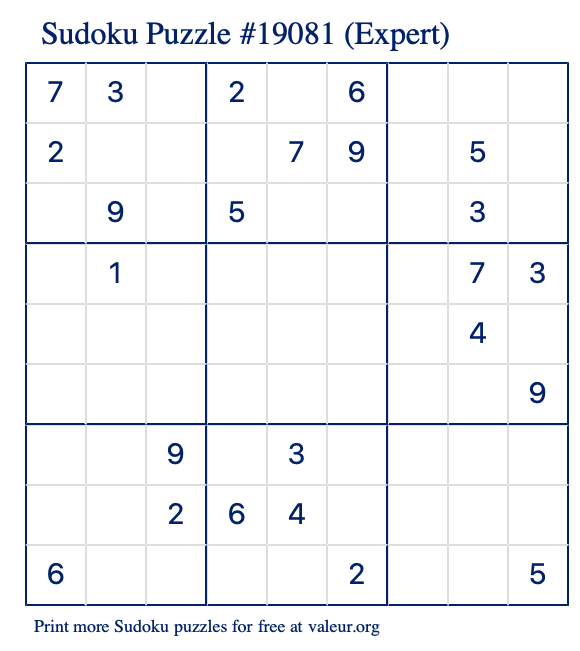 Free Printable Expert Sudoku Puzzle number 19081