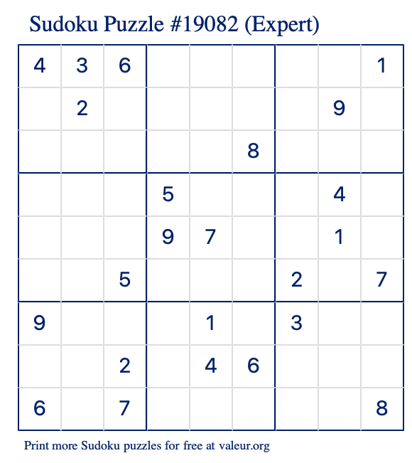 Free Printable Expert Sudoku Puzzle number 19082