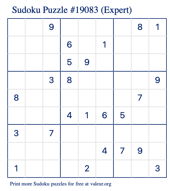 Free Printable Expert Sudoku Puzzle number 19083