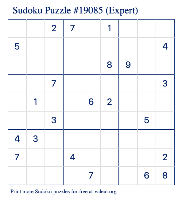 Free Printable Expert Sudoku Puzzle number 19085
