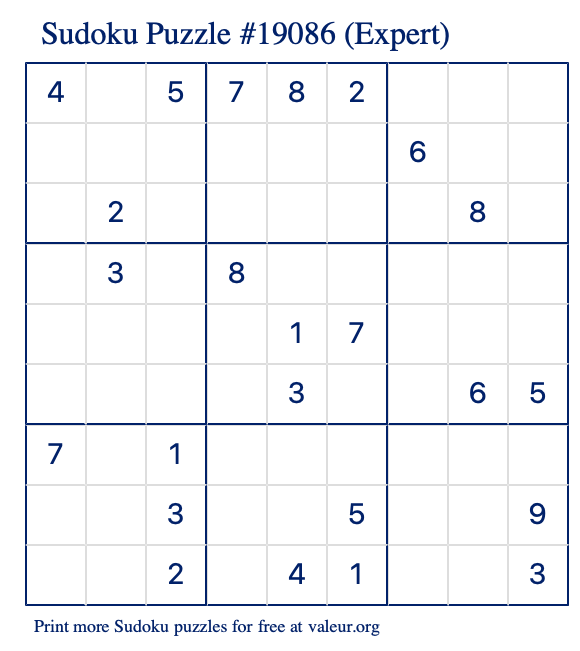 Free Printable Expert Sudoku Puzzle number 19086