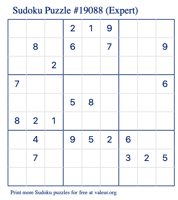 Free Printable Expert Sudoku Puzzle number 19088