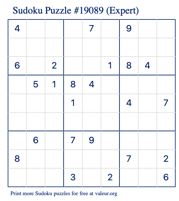 Free Printable Expert Sudoku Puzzle number 19089