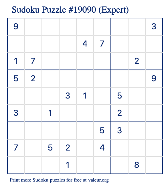 Free Printable Expert Sudoku Puzzle number 19090