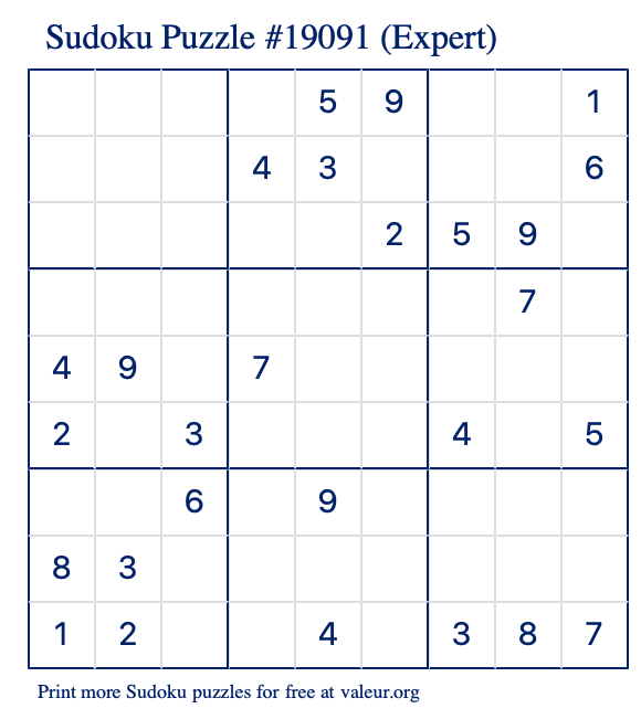 Free Printable Expert Sudoku Puzzle number 19091