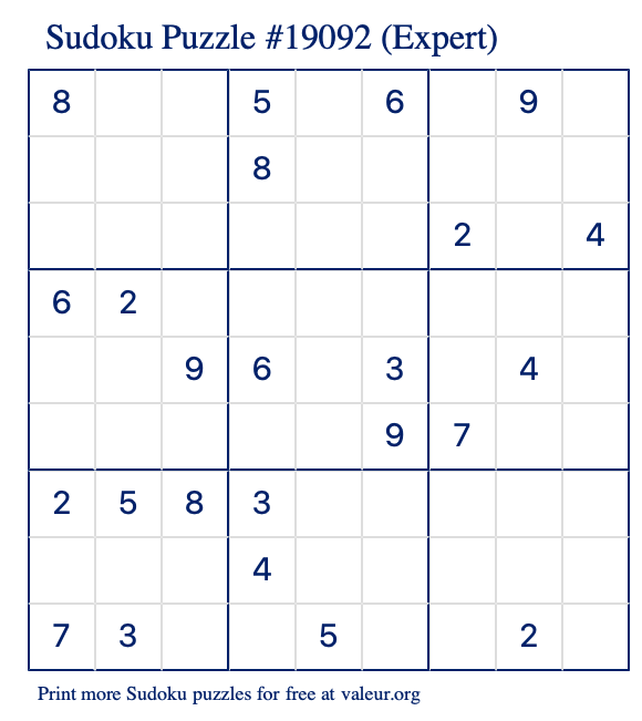 Free Printable Expert Sudoku Puzzle number 19092