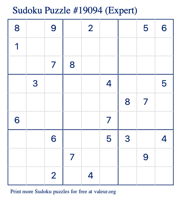 Free Printable Expert Sudoku Puzzle number 19094