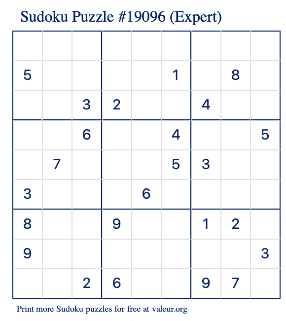 Free Printable Expert Sudoku Puzzle number 19096