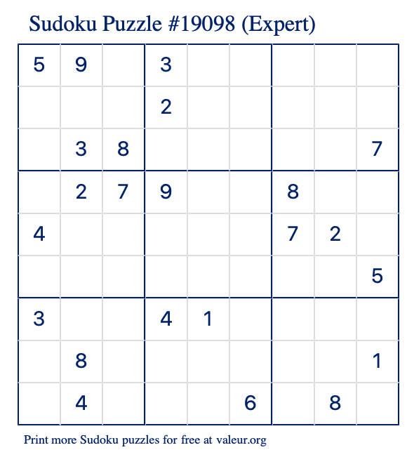 Free Printable Expert Sudoku Puzzle number 19098