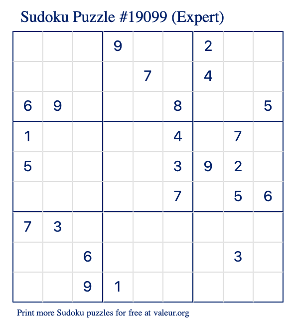Free Printable Expert Sudoku Puzzle number 19099