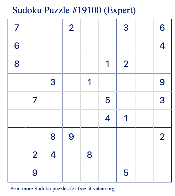 Free Printable Expert Sudoku Puzzle number 19100