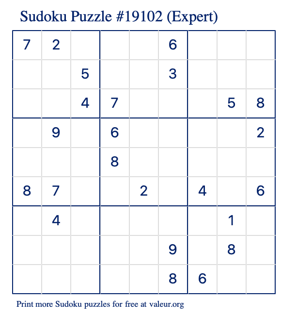 Free Printable Expert Sudoku Puzzle number 19102