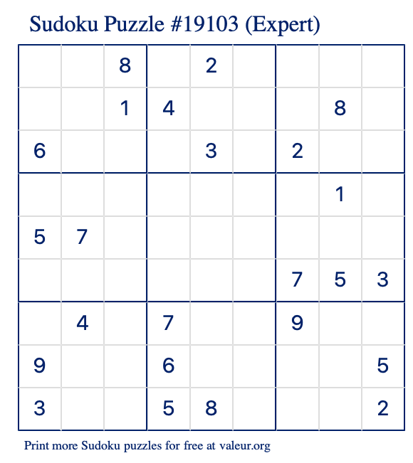 Free Printable Expert Sudoku Puzzle number 19103