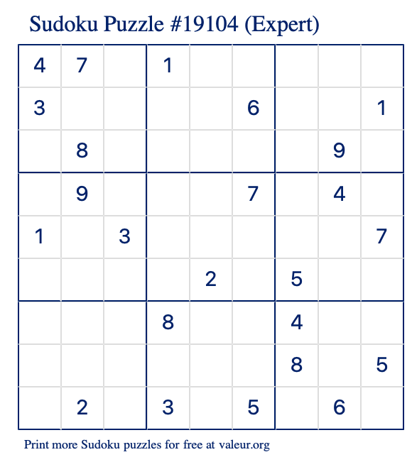 Free Printable Expert Sudoku Puzzle number 19104