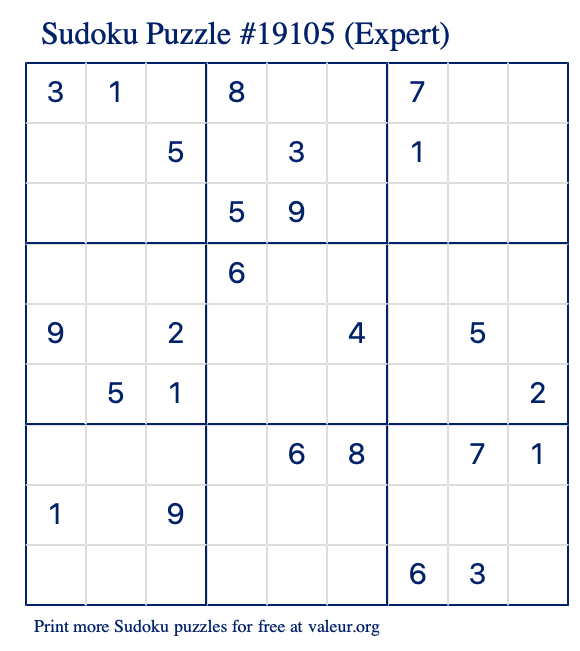 Free Printable Expert Sudoku Puzzle number 19105