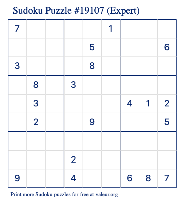 Free Printable Expert Sudoku Puzzle number 19107