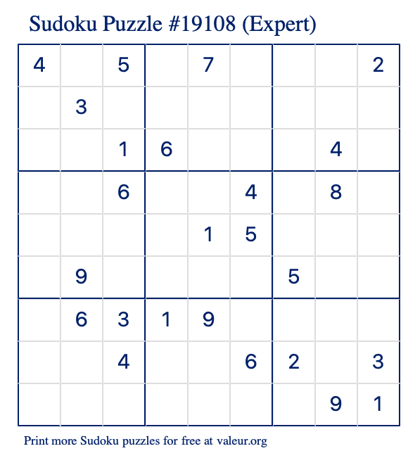 Free Printable Expert Sudoku Puzzle number 19108