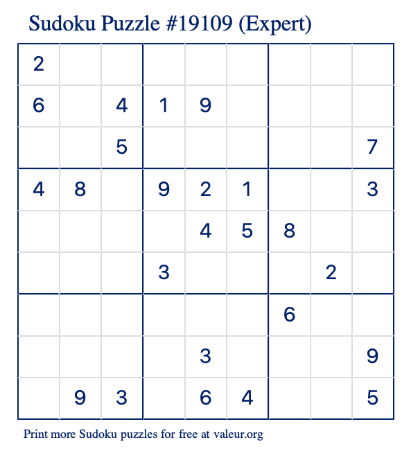 Free Printable Expert Sudoku Puzzle number 19109