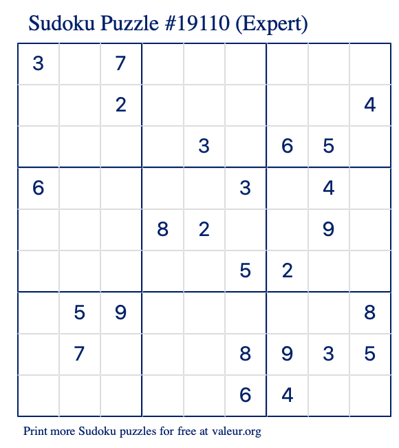 Free Printable Expert Sudoku Puzzle number 19110