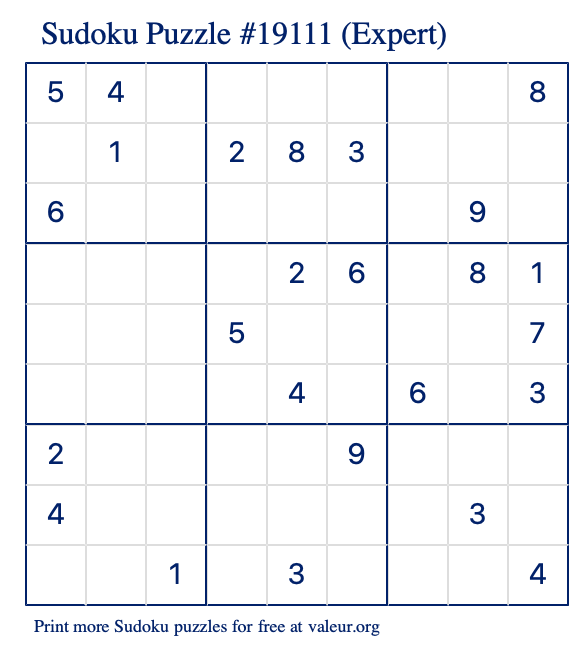 Free Printable Expert Sudoku Puzzle number 19111