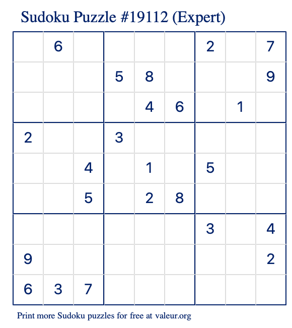 Free Printable Expert Sudoku Puzzle number 19112