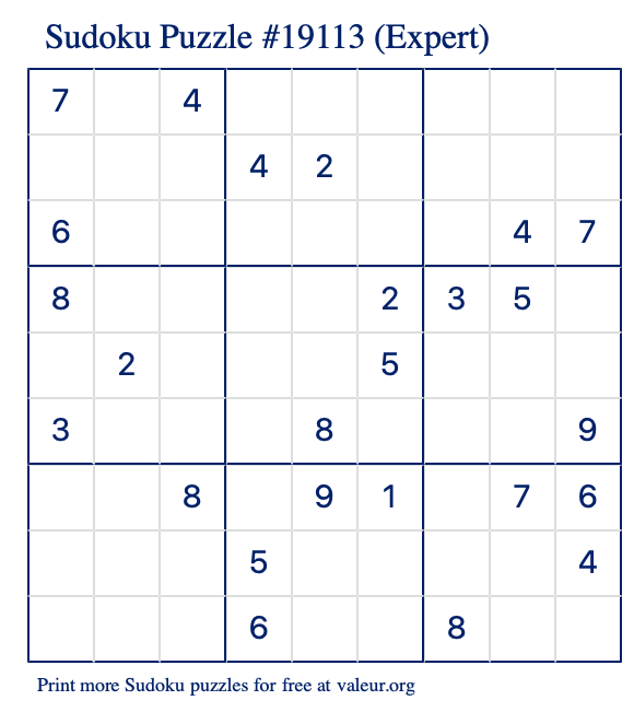 Free Printable Expert Sudoku Puzzle number 19113