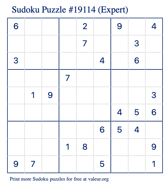 Free Printable Expert Sudoku Puzzle number 19114