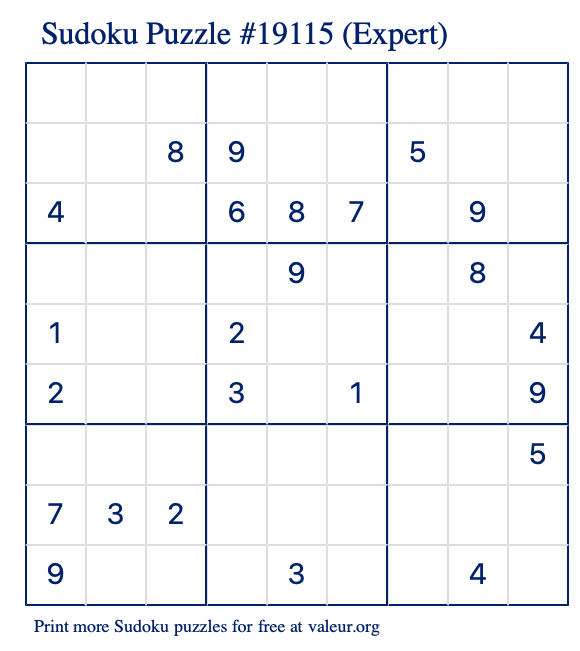 Free Printable Expert Sudoku Puzzle number 19115