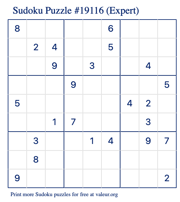 Free Printable Expert Sudoku Puzzle number 19116