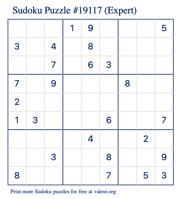 Free Printable Expert Sudoku Puzzle number 19117