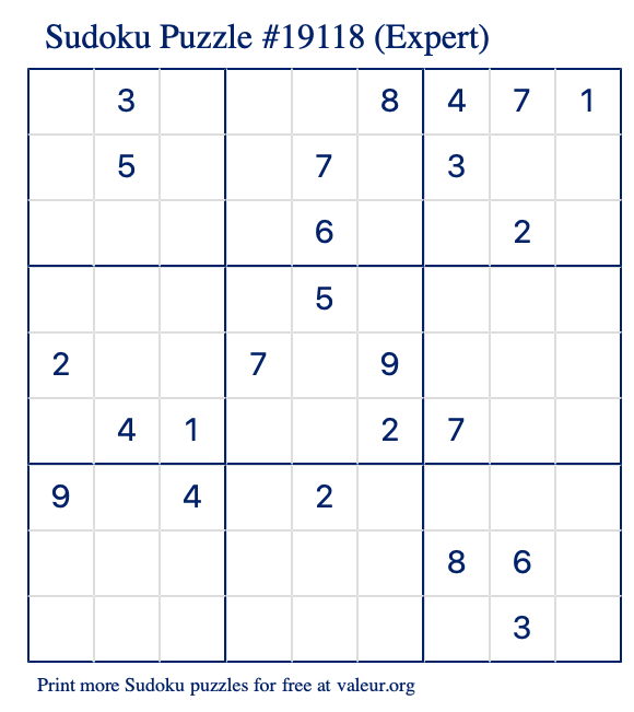 Free Printable Expert Sudoku Puzzle number 19118