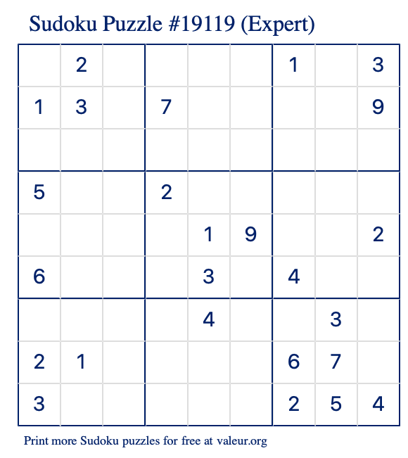 Free Printable Expert Sudoku Puzzle number 19119