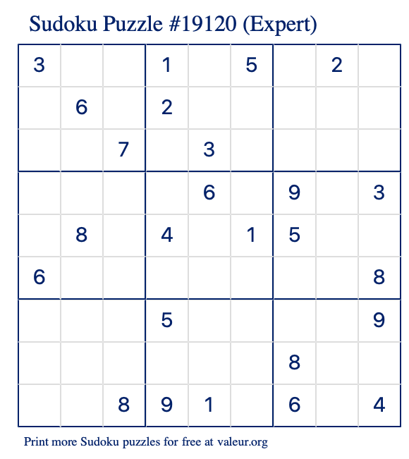 Free Printable Expert Sudoku Puzzle number 19120