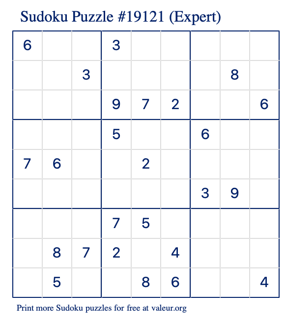 Free Printable Expert Sudoku Puzzle number 19121