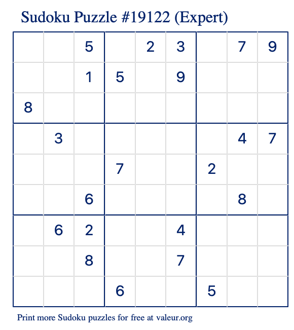 Free Printable Expert Sudoku Puzzle number 19122