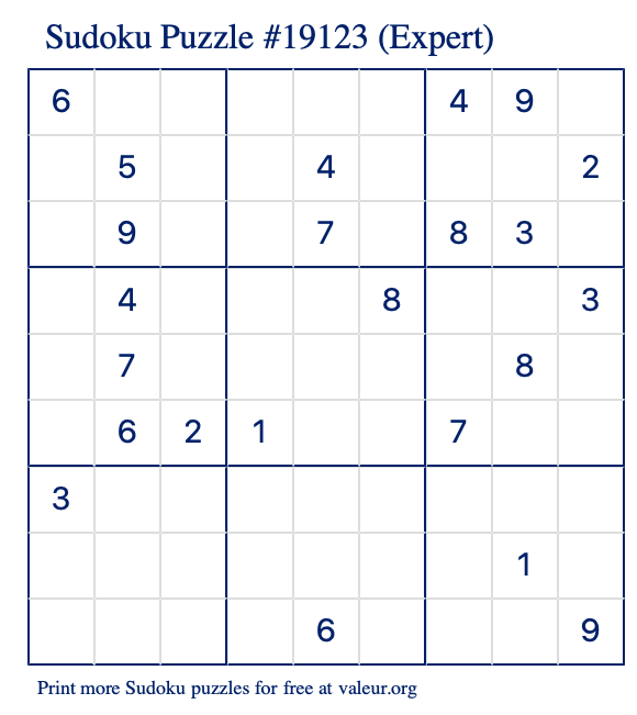 Free Printable Expert Sudoku Puzzle number 19123