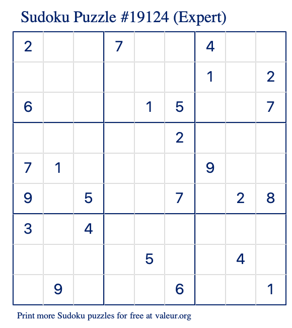 Free Printable Expert Sudoku Puzzle number 19124