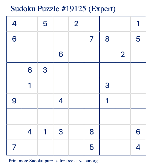 Free Printable Expert Sudoku Puzzle number 19125