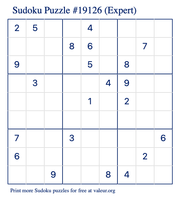 Free Printable Expert Sudoku Puzzle number 19126