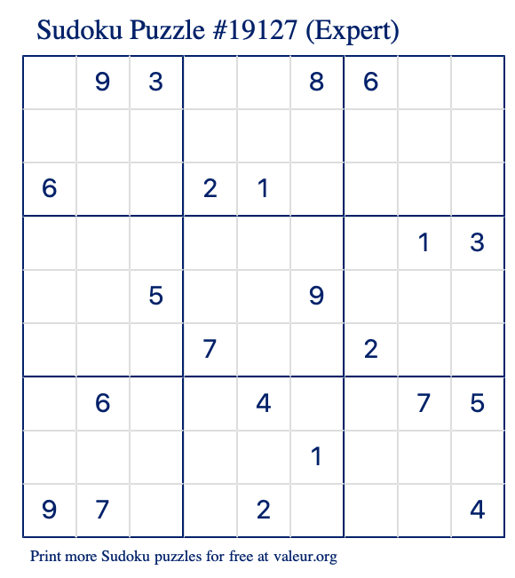 Free Printable Expert Sudoku Puzzle number 19127