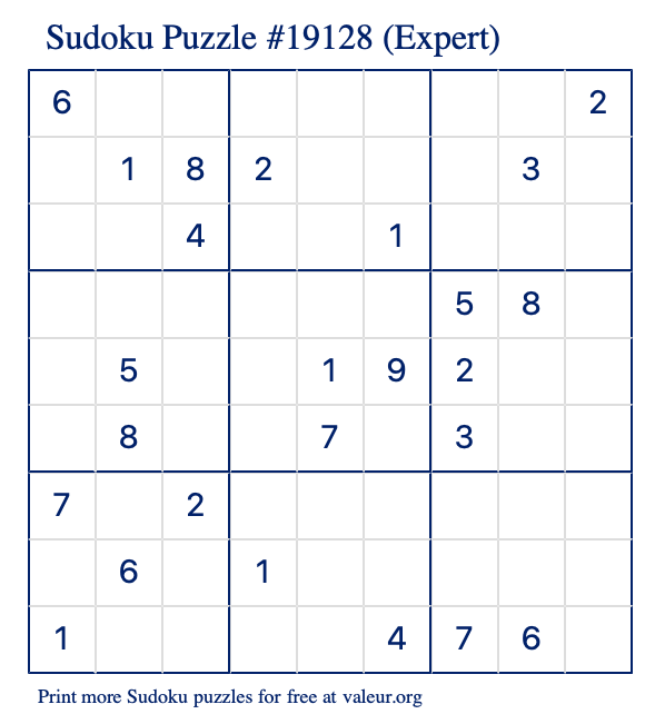 Free Printable Expert Sudoku Puzzle number 19128